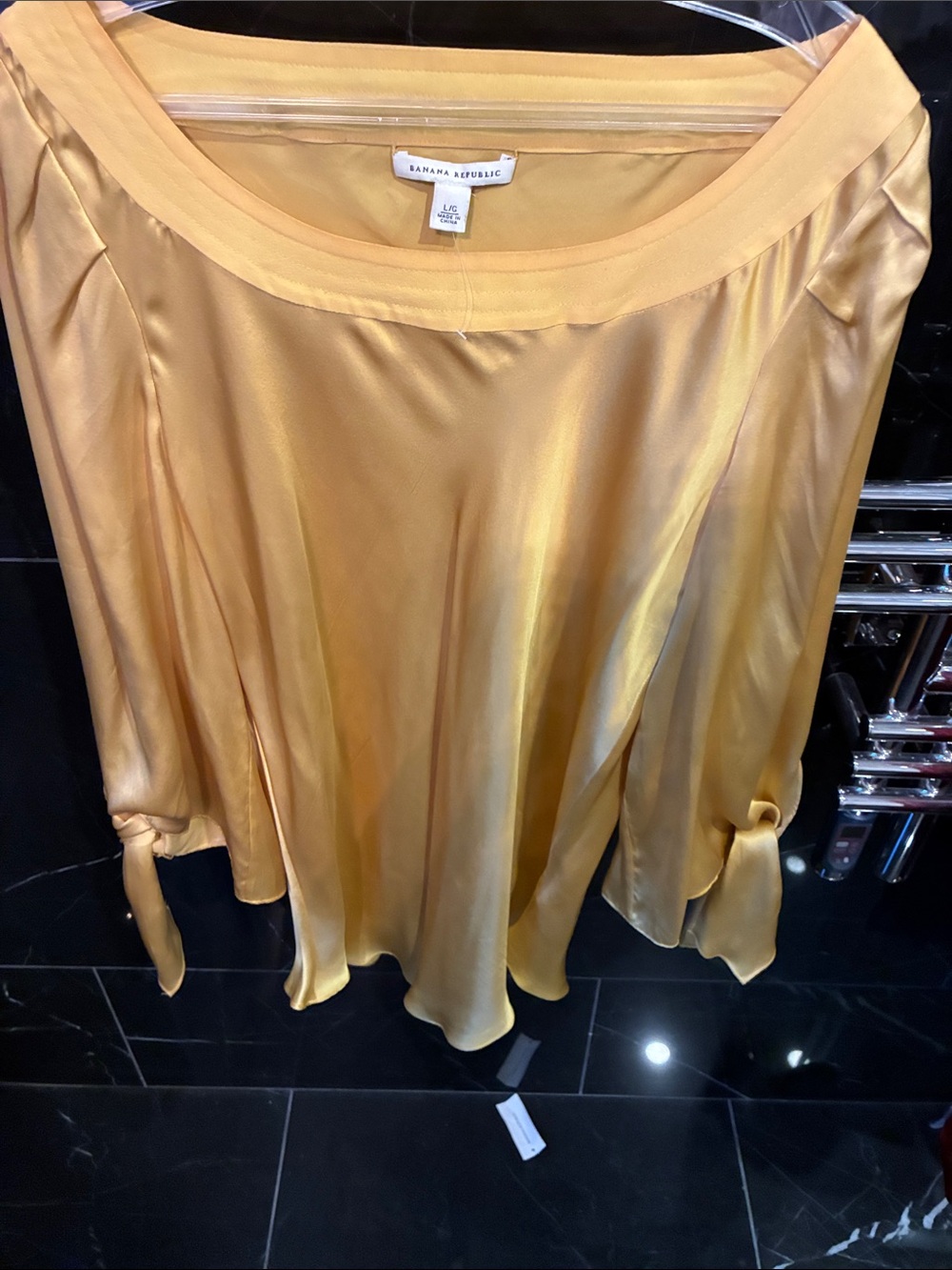 Banana Republic 100% Silk Yellow Mustard Gold Blouse with Tie Sleeves